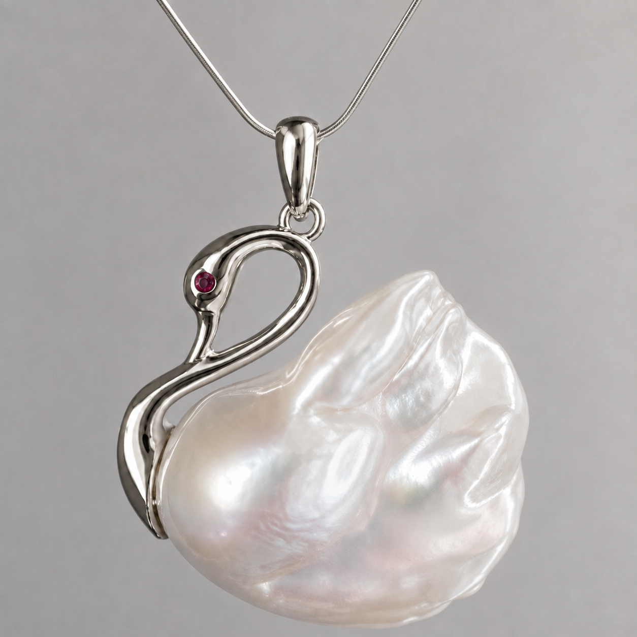 Baroque Pearl Swan Pendant Necklace with Silver Snake Chain