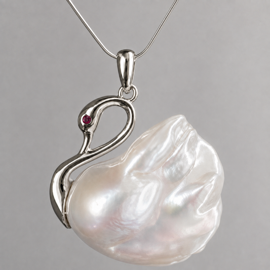 Baroque Pearl Swan Pendant Necklace with Silver Snake Chain