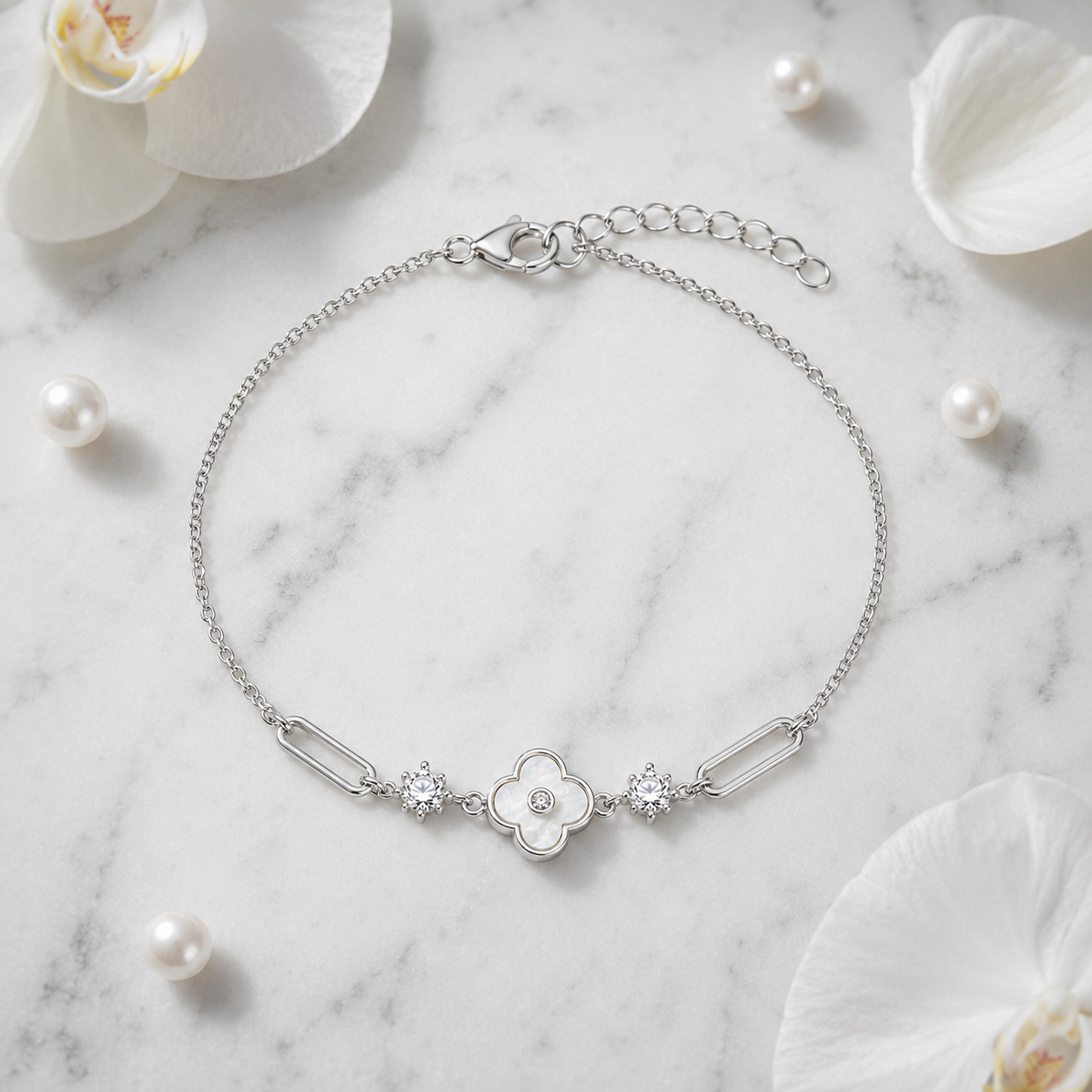 Mother-of-Pearl Clover Sterling Silver Bracelet
