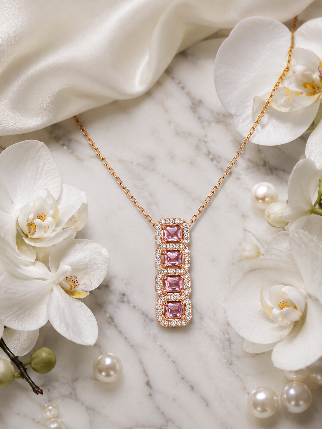 925 Sterling Silver Pink Princess-Cut Halo Pendant Necklace | Rose Gold Plated | CZ Diamond Necklace
