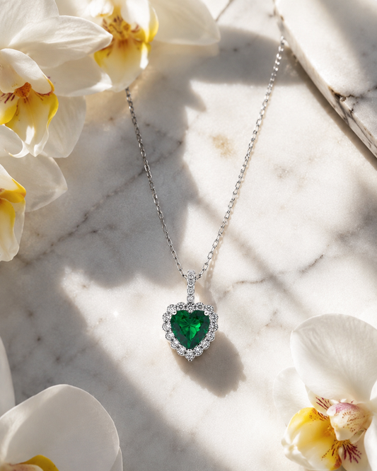 925 Sterling Silver Emerald Heart Pendant Necklace | Heart-Cut Green Cubic Zirconia Halo Necklace for Women