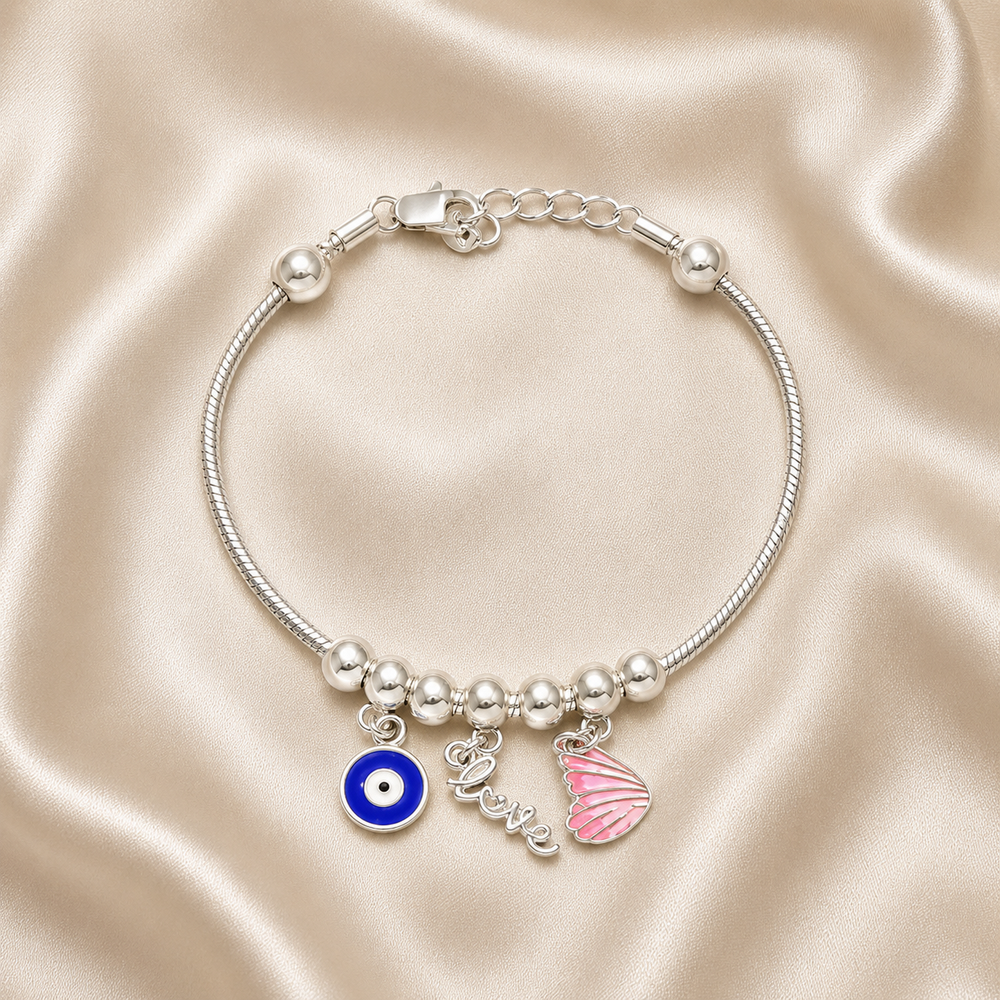 Evil Eye, Love & Pink Wing Charm Bracelet