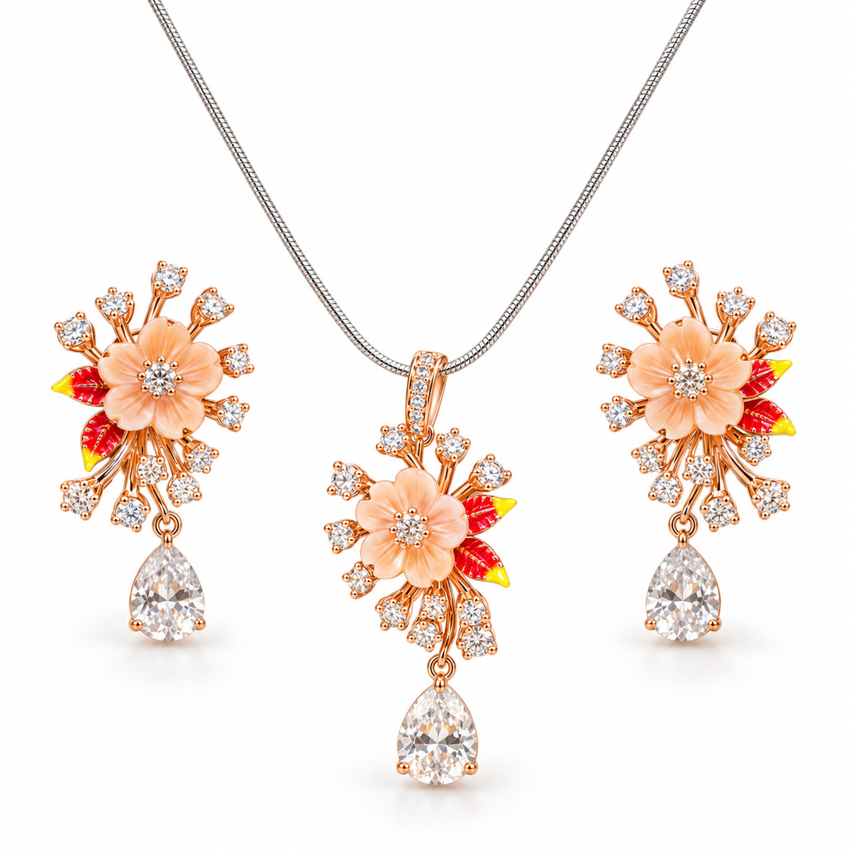 Peach Blossom Teardrop Necklace & Earrings Set