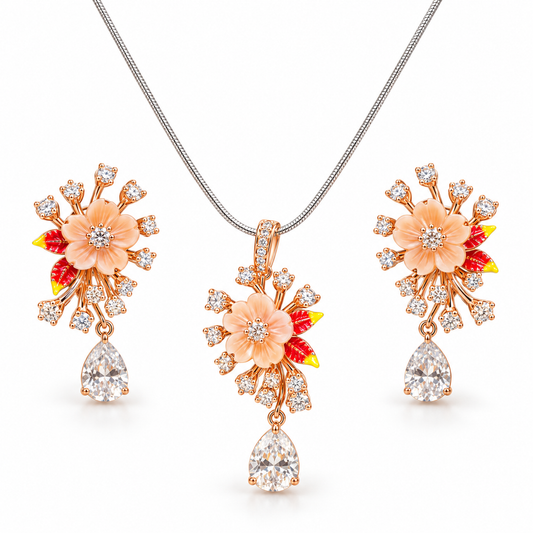 Peach Blossom Teardrop Necklace & Earrings Set