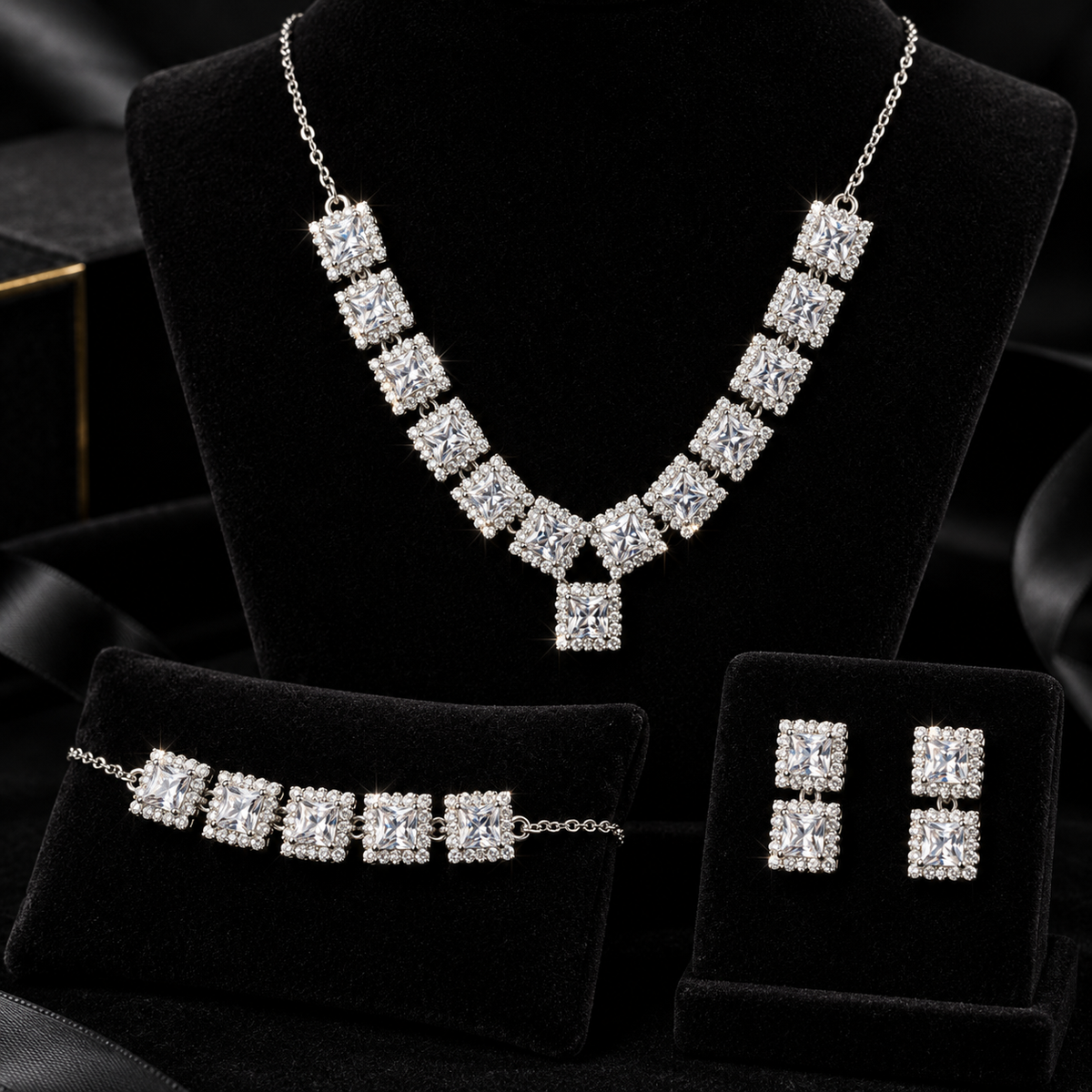 Princess-Cut Necklace Set with Bracelet & Earrings