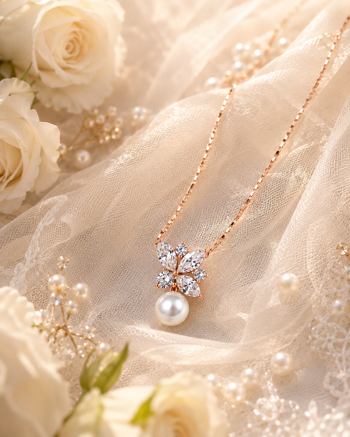 925 Sterling Silver Floral Pearl Pendant Necklace | Rose Gold Plated | Cubic Zirconia Flower Necklace for Women