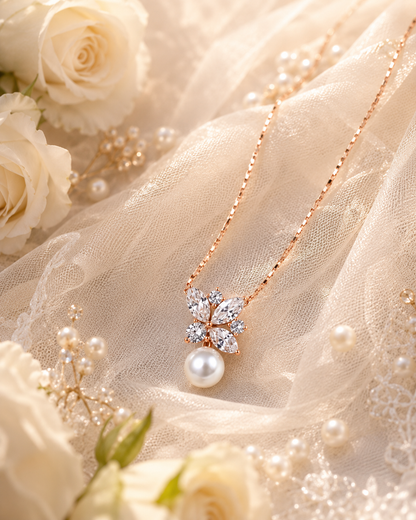 925 Sterling Silver Floral Pearl Pendant Necklace | Rose Gold Plated | Cubic Zirconia Flower Necklace for Women