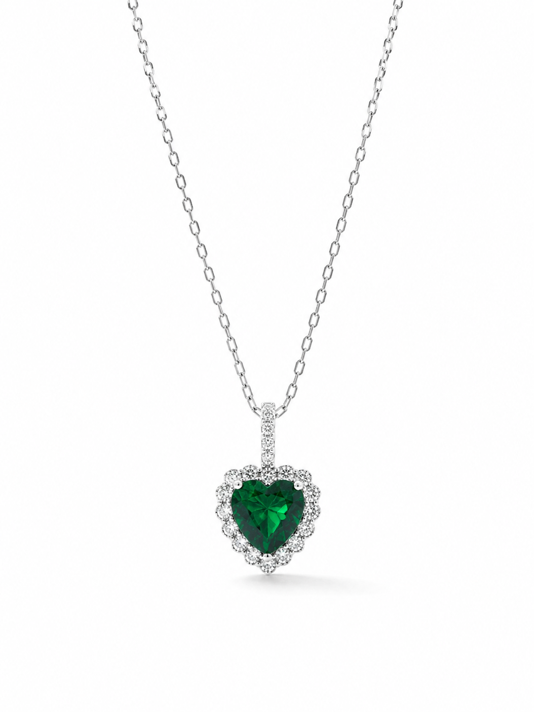 925 Sterling Silver Emerald Heart Pendant Necklace | Heart-Cut Green Cubic Zirconia Halo Necklace for Women