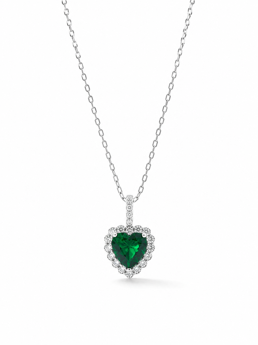 925 Sterling Silver Emerald Heart Pendant Necklace | Heart-Cut Green Cubic Zirconia Halo Necklace for Women
