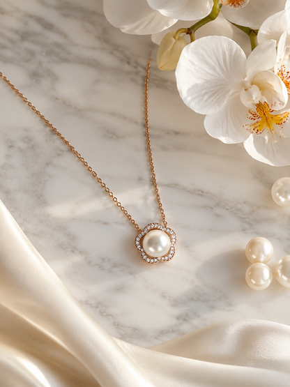 925 Sterling Silver Pearl Flower Pendant Necklace | Rose Gold Plated | Cubic Zirconia Floral Necklace for Women