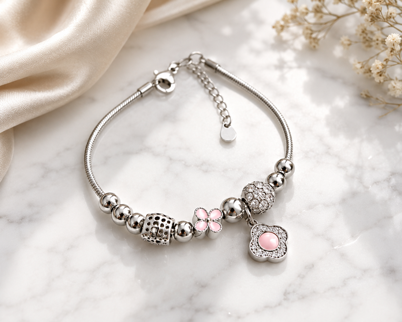 Silver Blossom Charm Bracelet – Pink Floral Charm Adjustable Bracelet