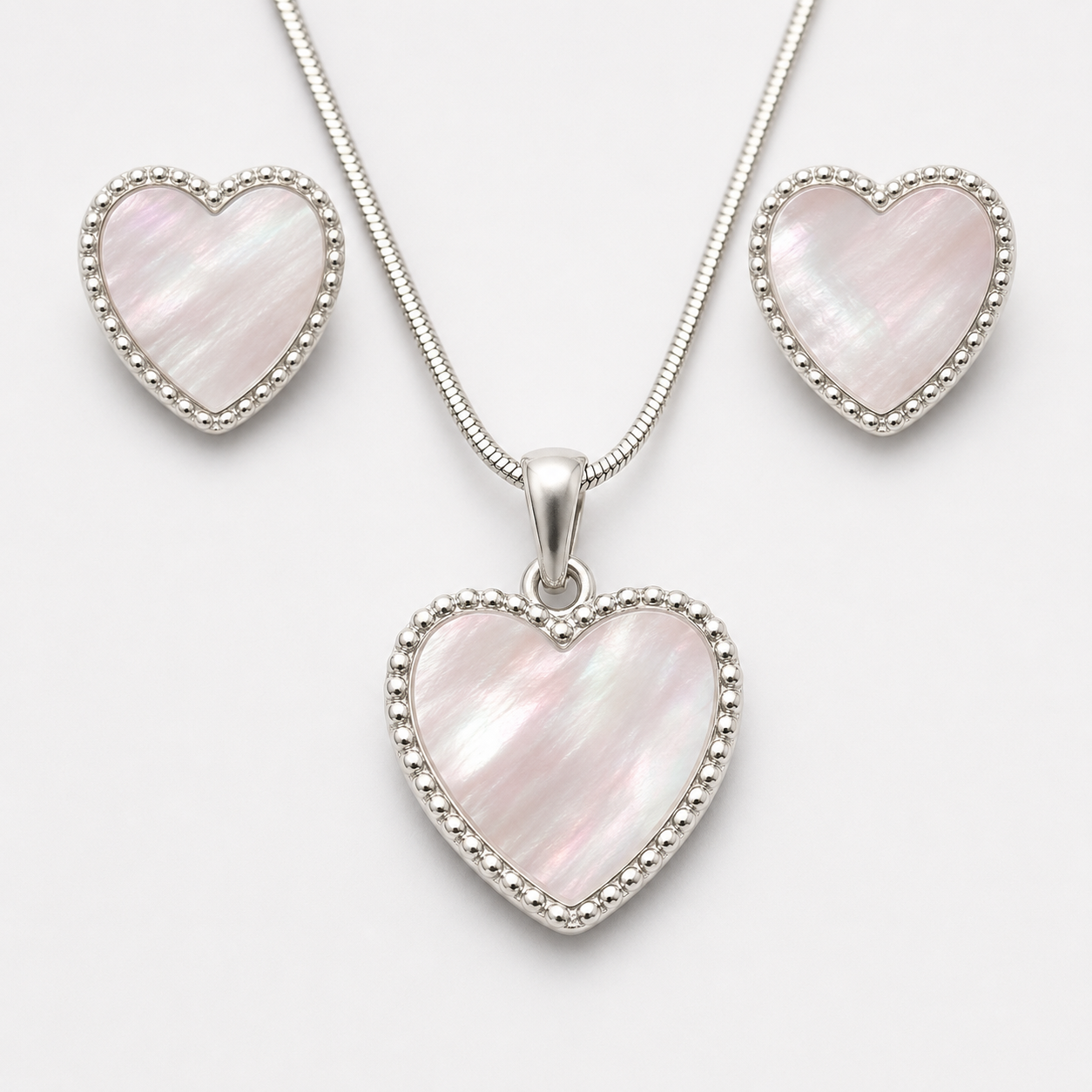 925 Sterling Silver Mother-of-Pearl Heart Necklace & Earring Set