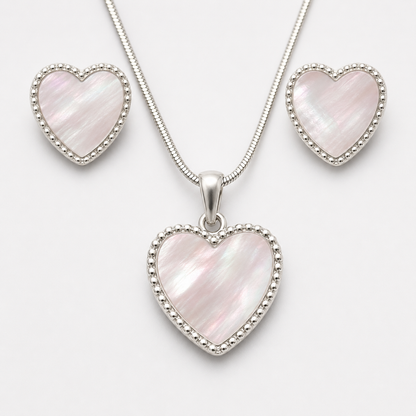 925 Sterling Silver Mother-of-Pearl Heart Necklace & Earring Set