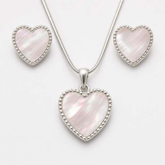 925 Sterling Silver Mother-of-Pearl Heart Necklace & Earring Set
