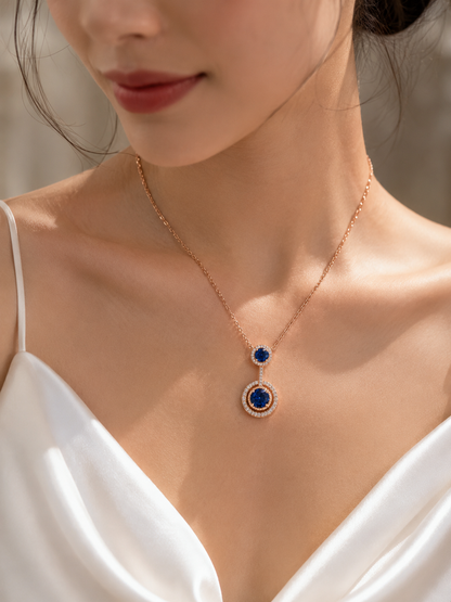 925 Sterling Silver Double Halo Blue Sapphire Pendant Necklace | Rose Gold Plated