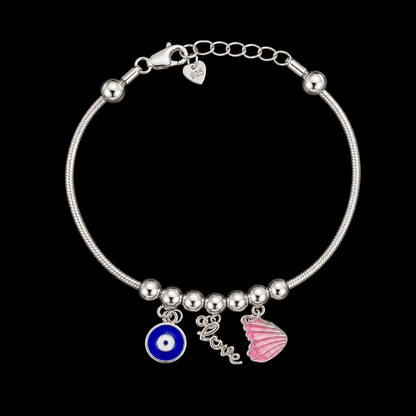 Evil Eye, Love & Pink Wing Charm Bracelet