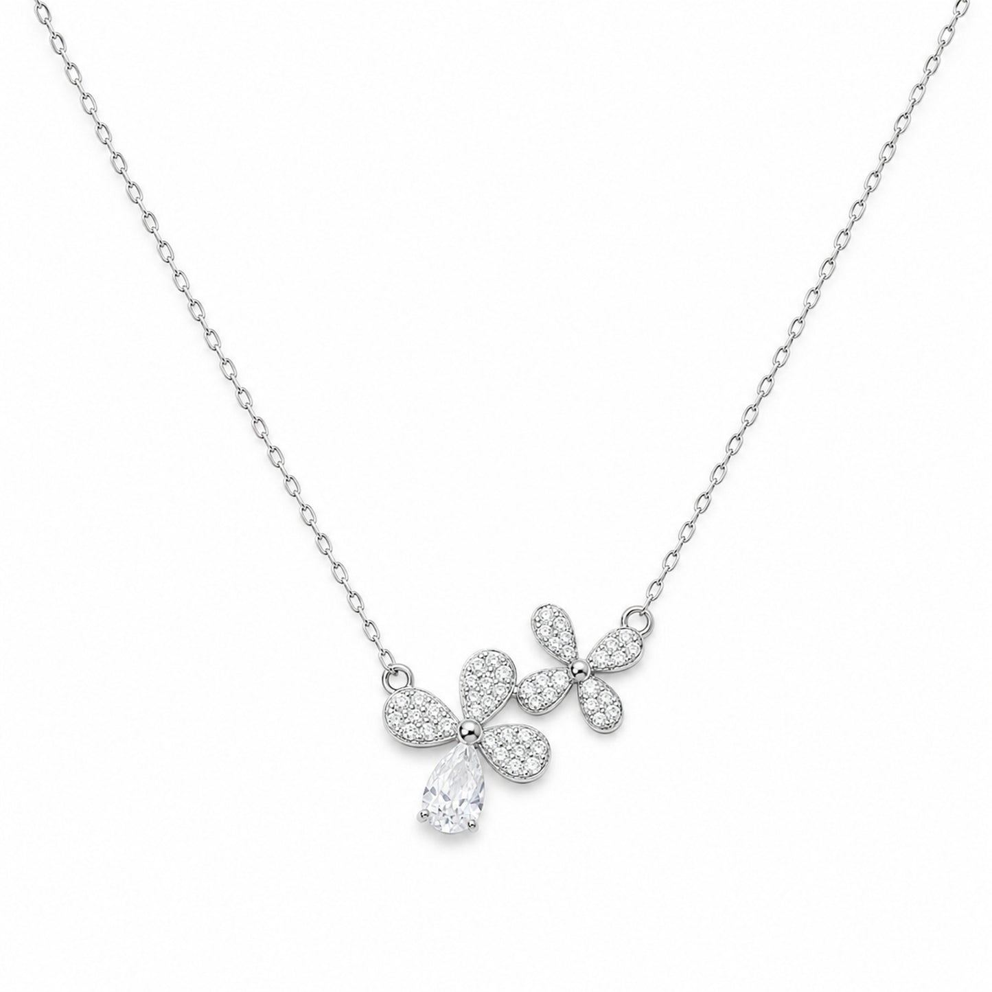 925 Sterling Silver Double Blossom Drop Necklace