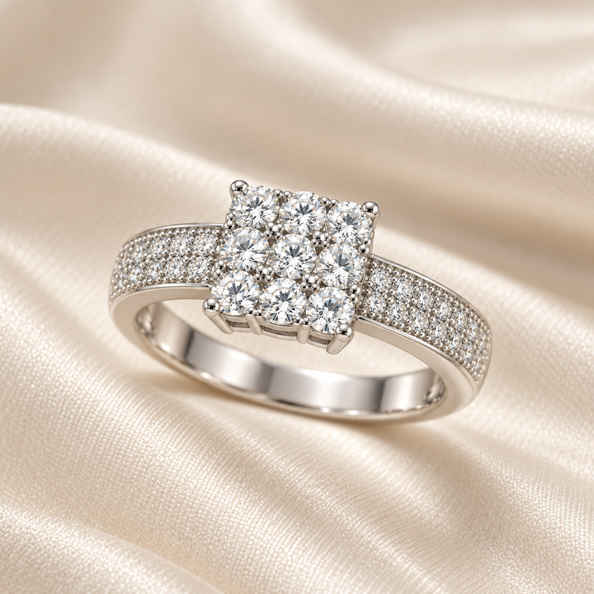 Square Cluster Pavé Silver Ring
