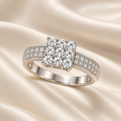 Square Cluster Pavé Silver Ring