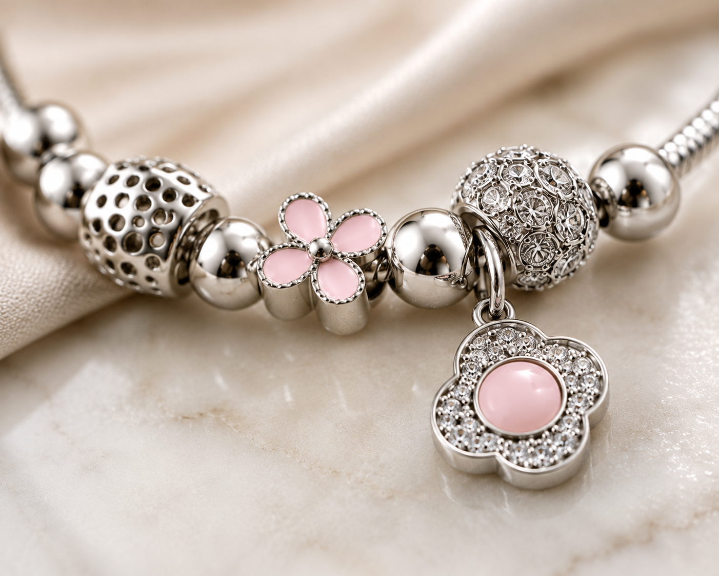 Silver Blossom Charm Bracelet – Pink Floral Charm Adjustable Bracelet