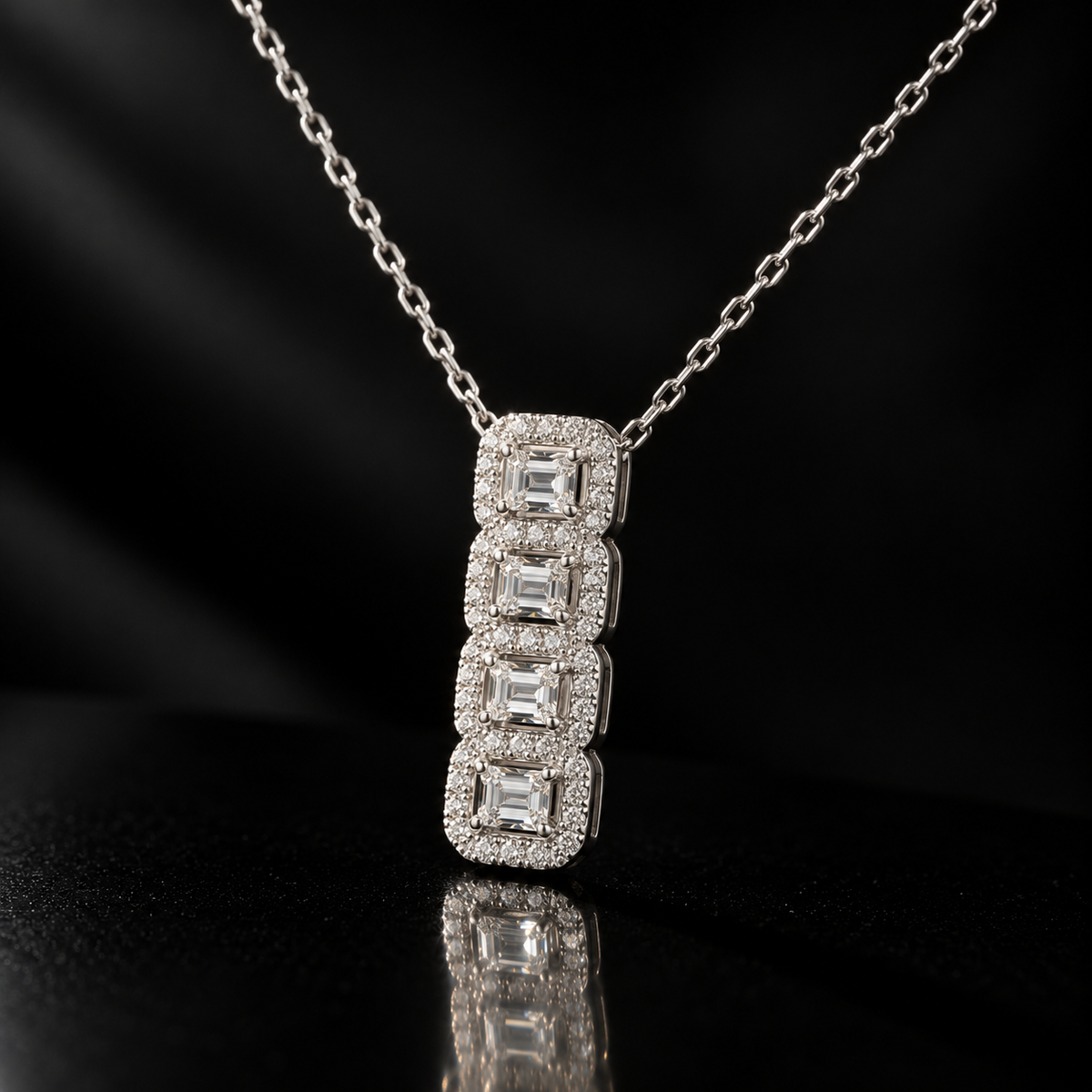 Four-Stone Emerald Halo Pendant Necklace