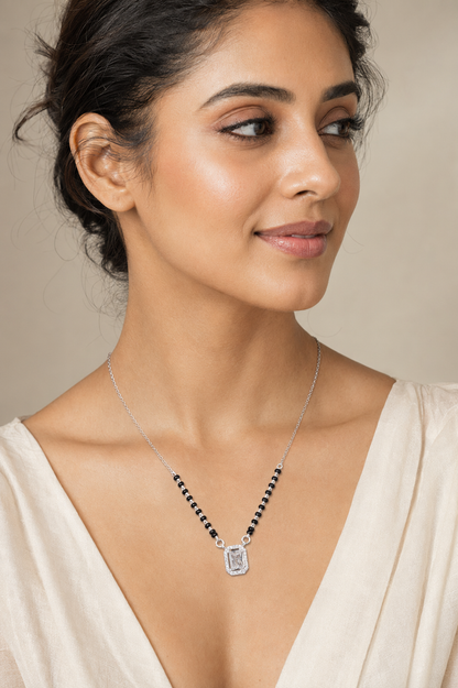 925 Sterling Silver Emerald-Cut Halo Mangalsutra