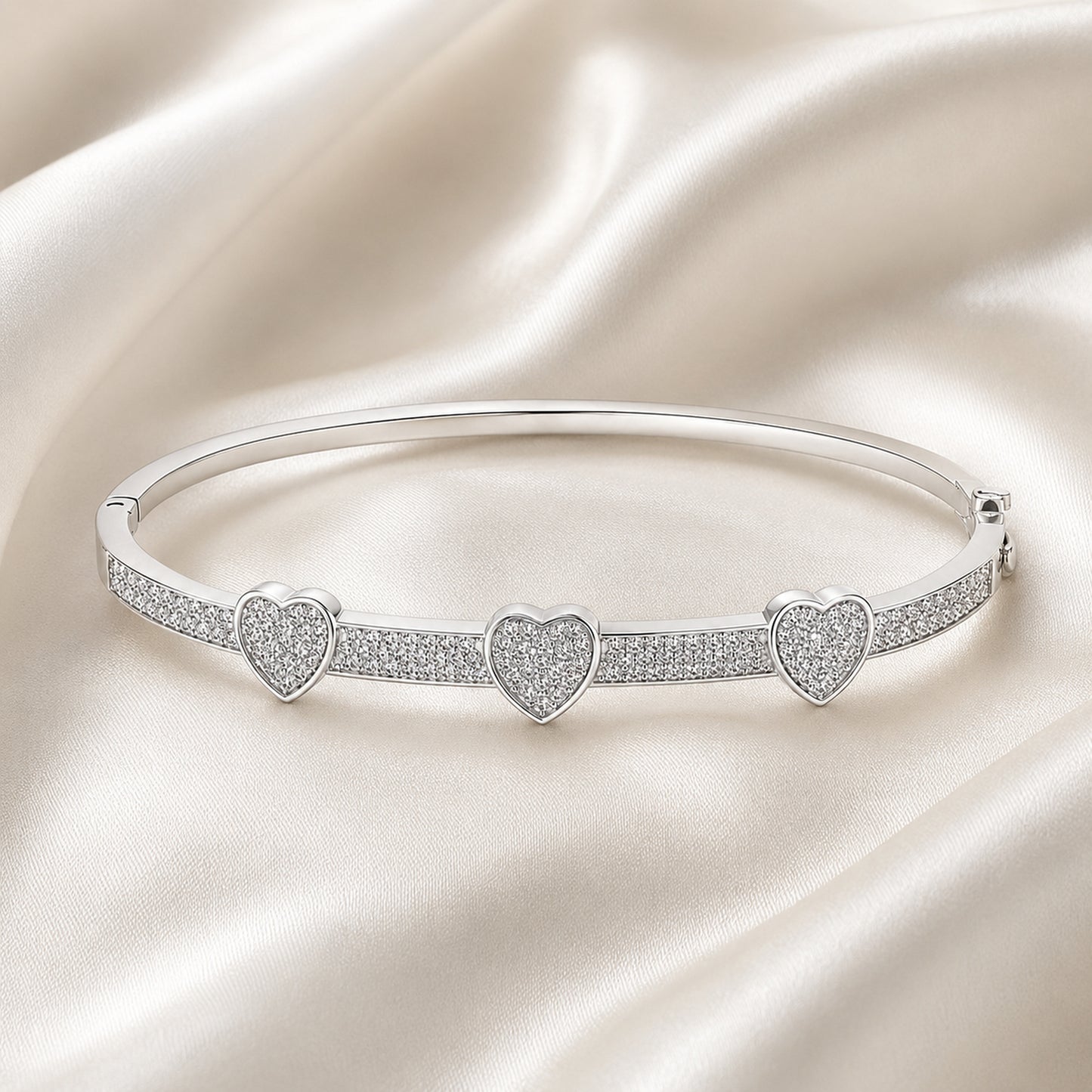 Silver Three-Heart Pavé Bangle