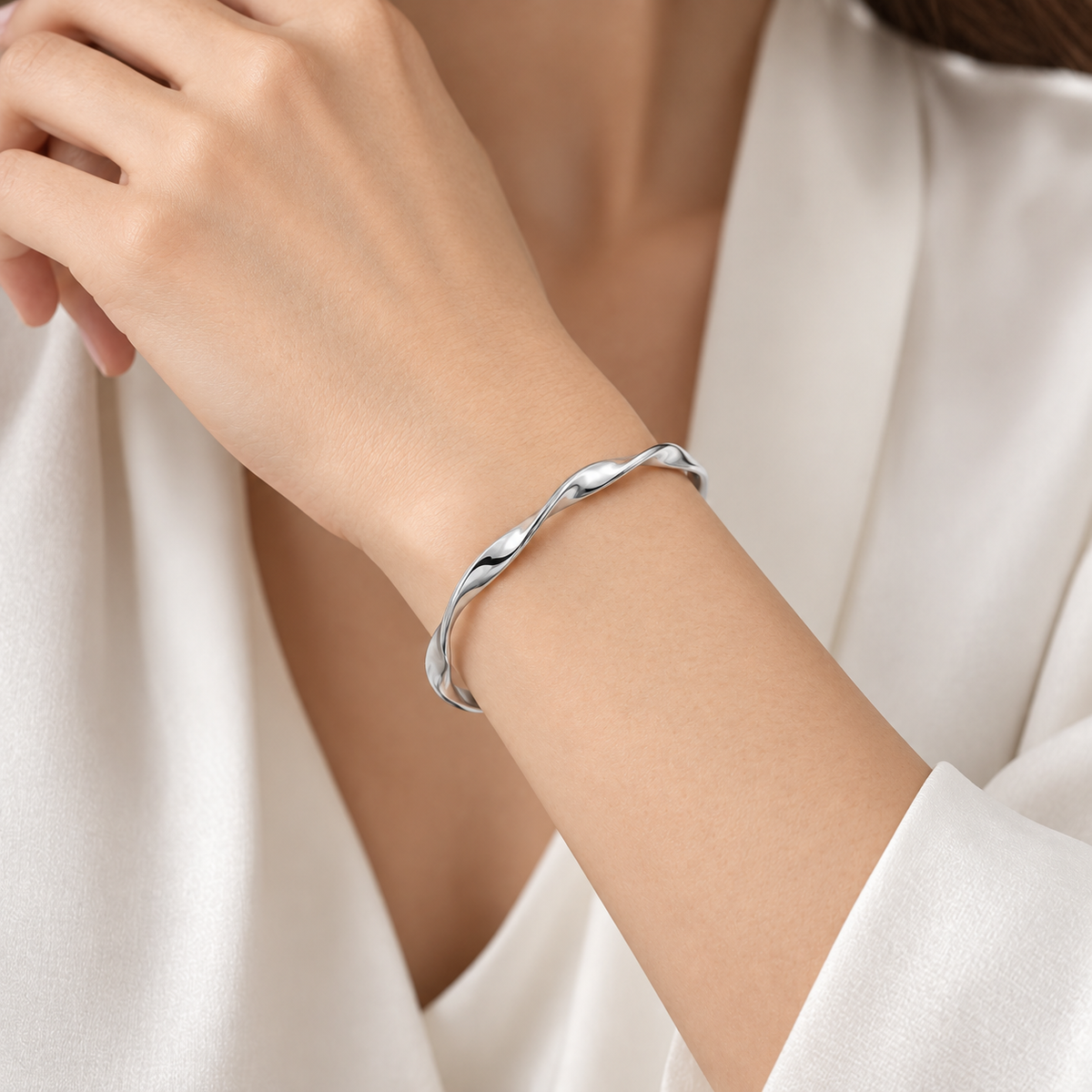 Sculpted Wave Silver Bangle