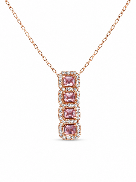 925 Sterling Silver Pink Princess-Cut Halo Pendant Necklace | Rose Gold Plated | CZ Diamond Necklace