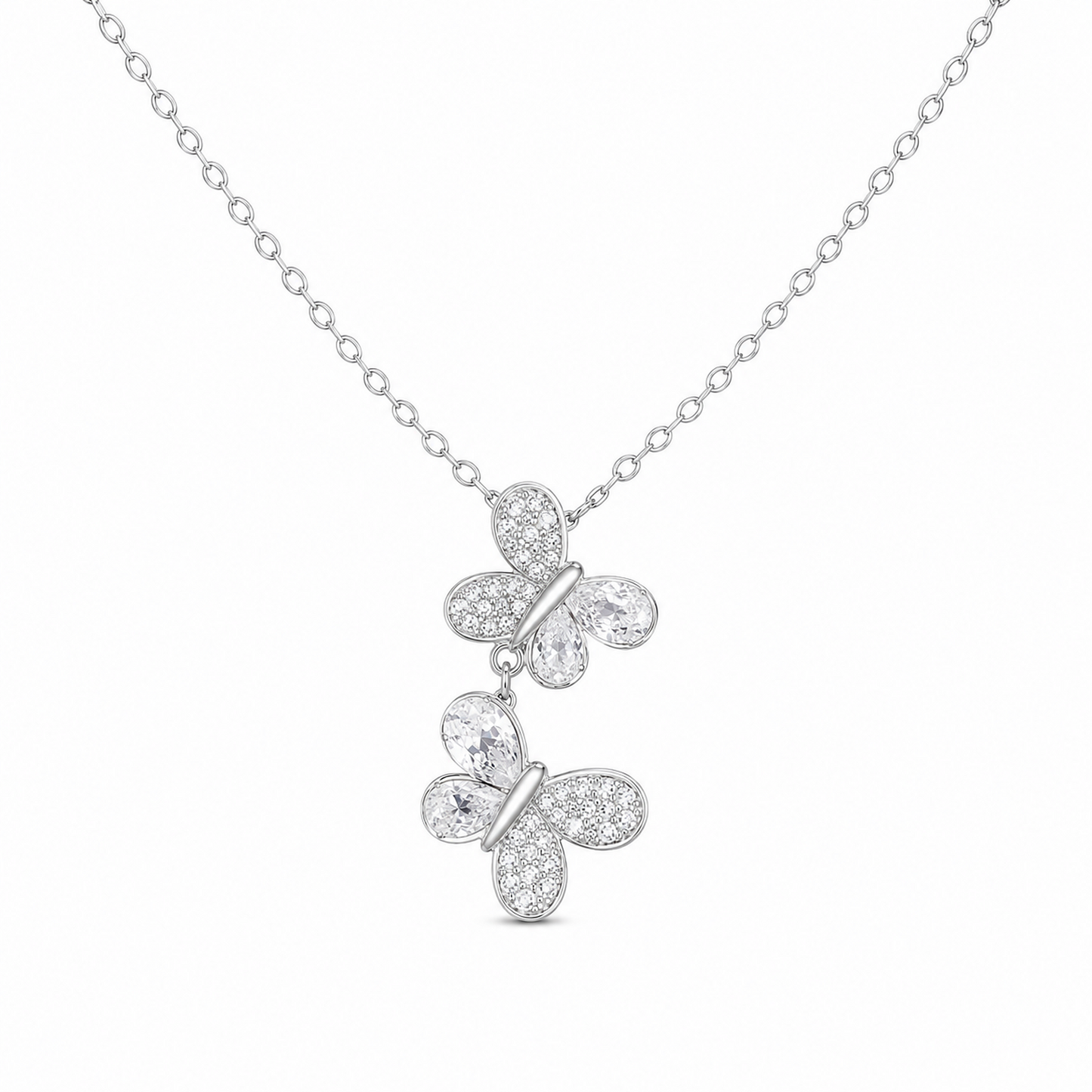 925 Sterling Silver Double Butterfly Drop Necklace