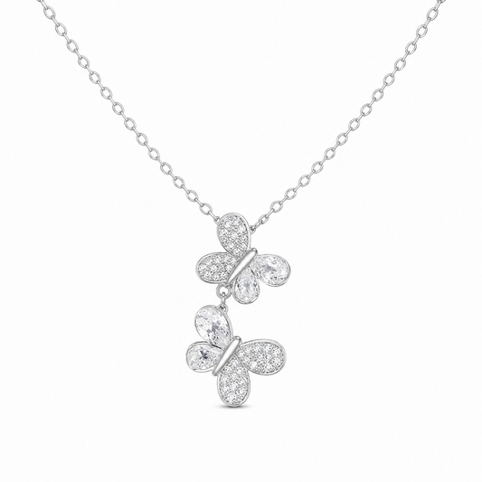 925 Sterling Silver Double Butterfly Drop Necklace