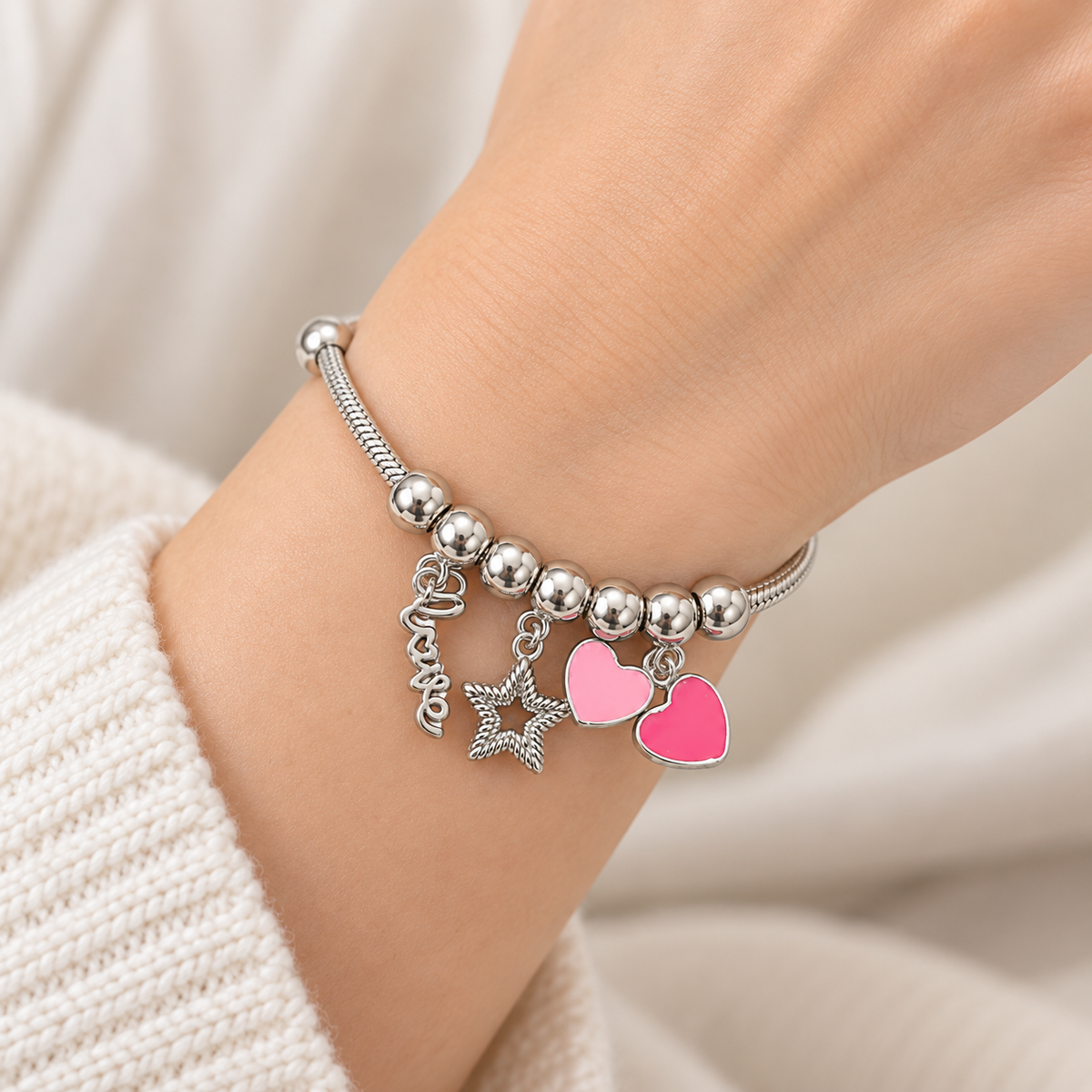 Silver Pink Heart Charm Bracelet