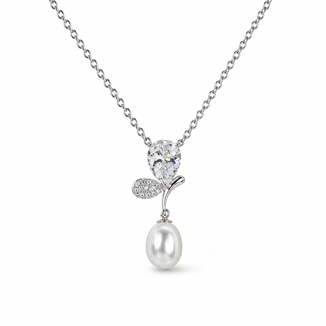 925 Sterling Silver Pearl Drop Pendant Necklace | Pear-Cut Cubic Zirconia | Elegant Floral Design