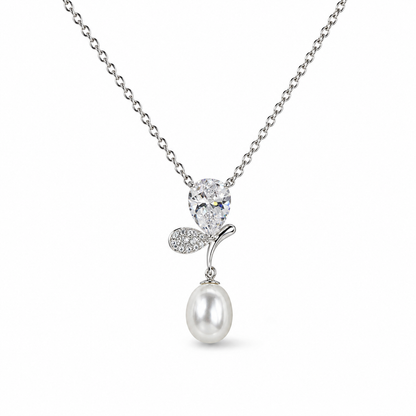 925 Sterling Silver Pearl Drop Pendant Necklace | Pear-Cut Cubic Zirconia | Elegant Floral Design