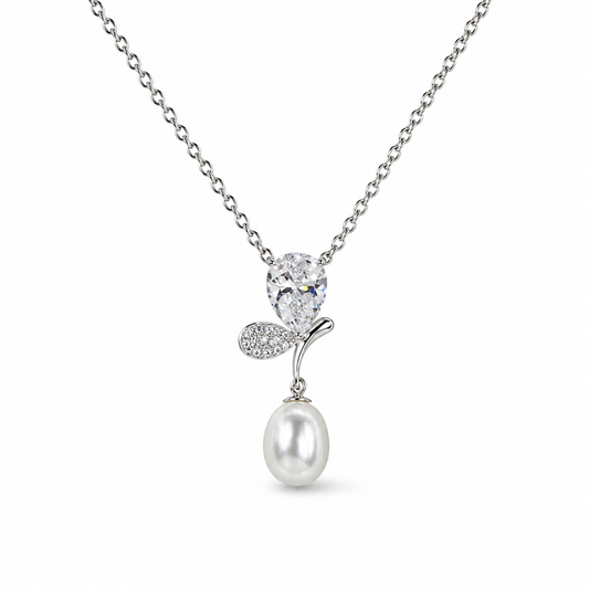 925 Sterling Silver Pearl Drop Pendant Necklace | Pear-Cut Cubic Zirconia | Elegant Floral Design