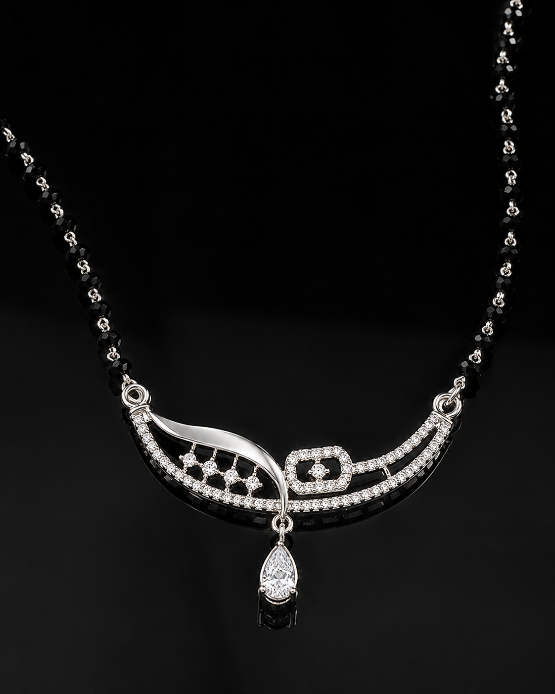 925 Sterling Silver Black Beaded Crystal Drop Mangalsutra