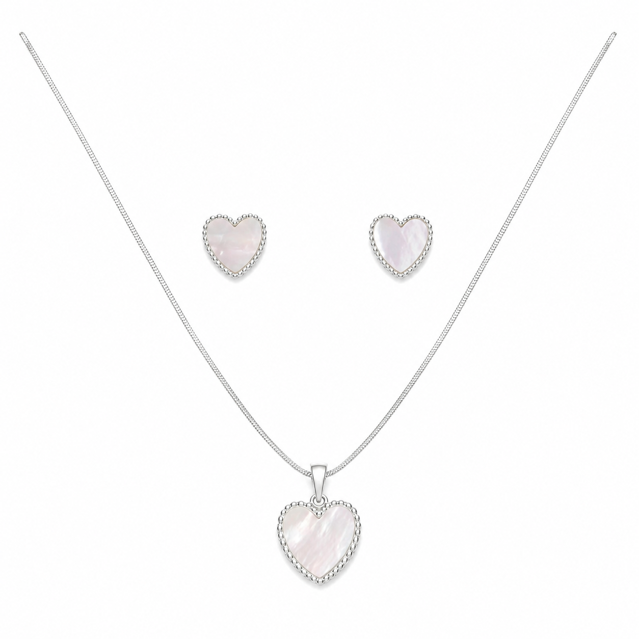 925 Sterling Silver Mother-of-Pearl Heart Necklace & Earring Set