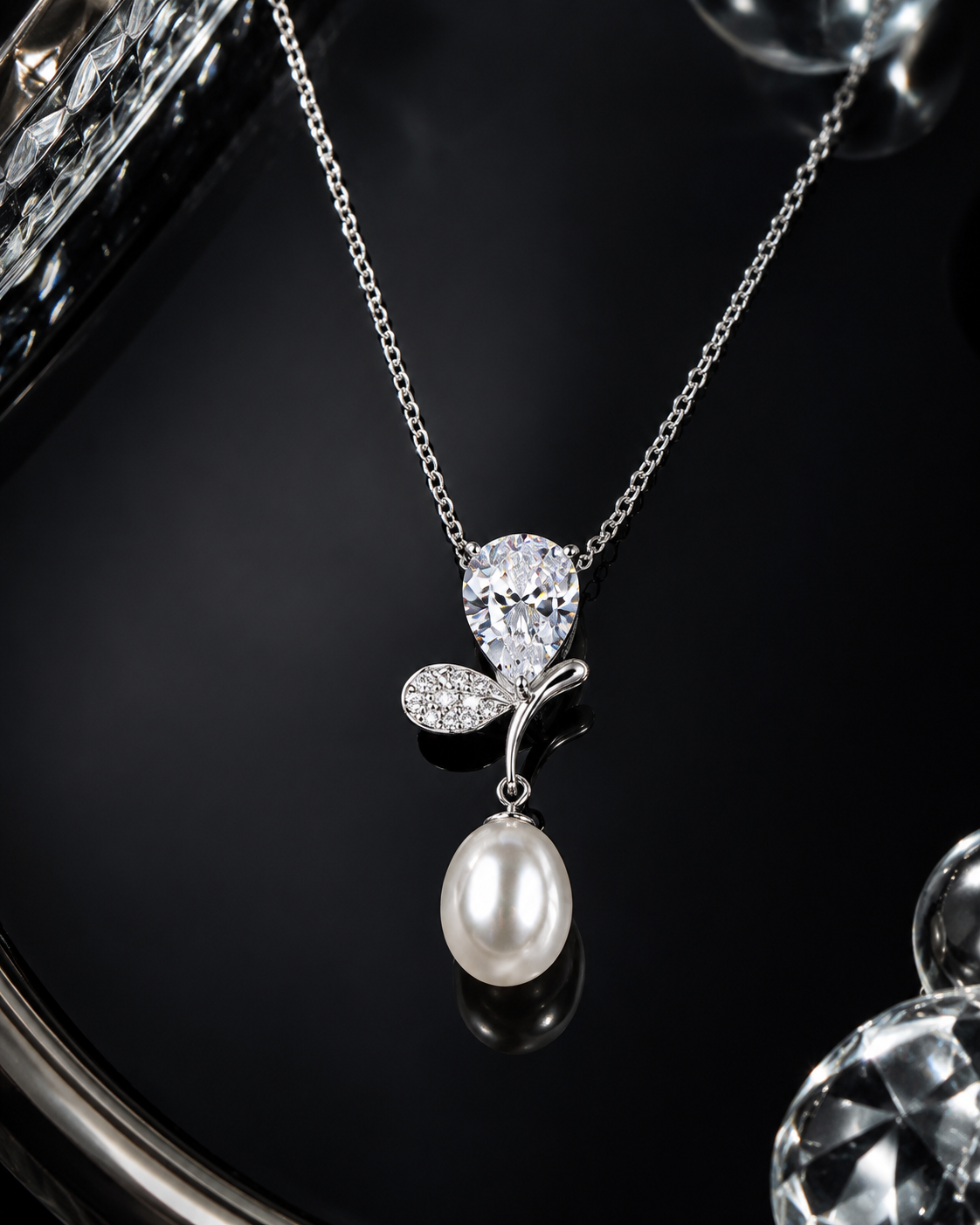 925 Sterling Silver Pearl Drop Pendant Necklace | Pear-Cut Cubic Zirconia | Elegant Floral Design