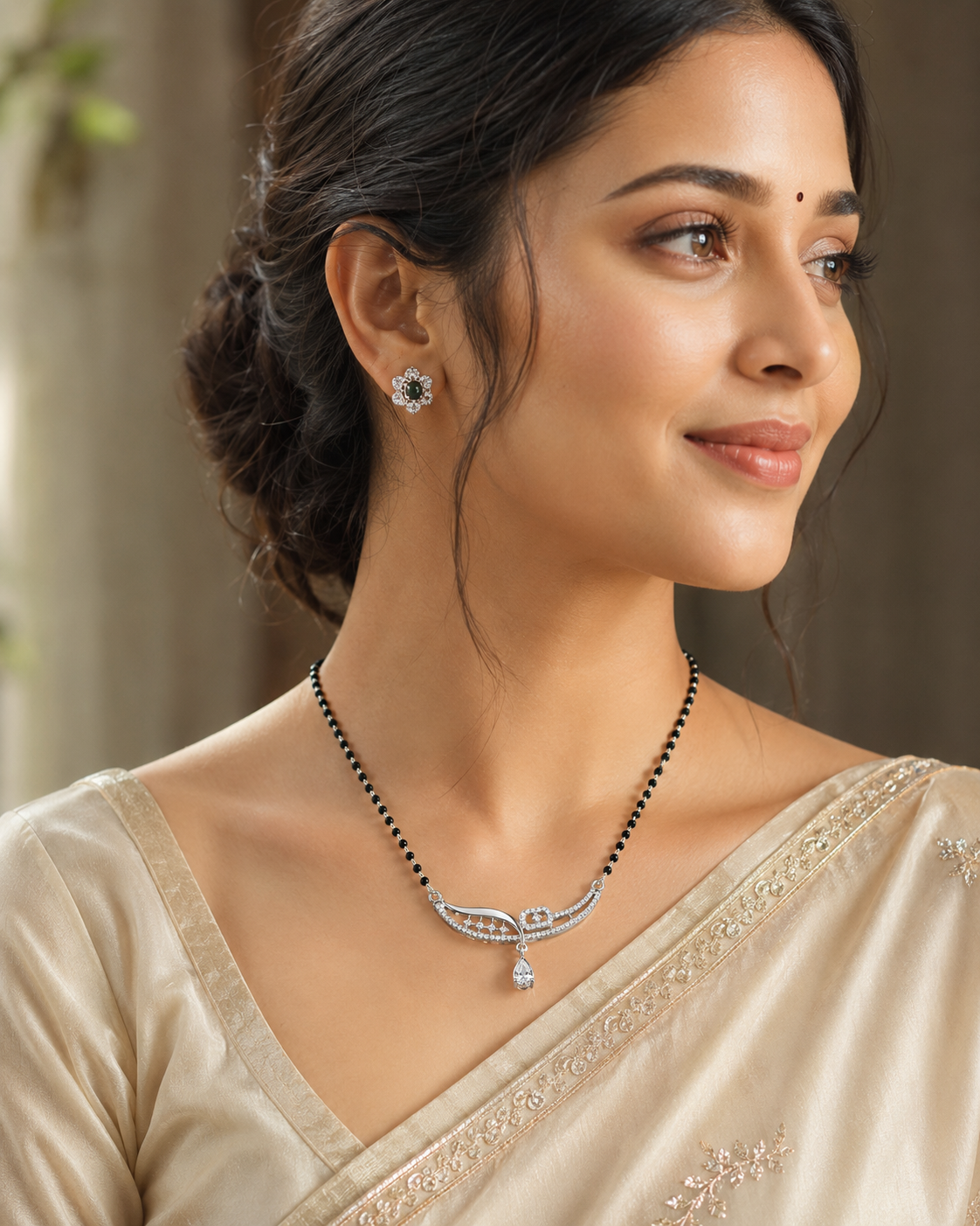 925 Sterling Silver Black Beaded Crystal Drop Mangalsutra