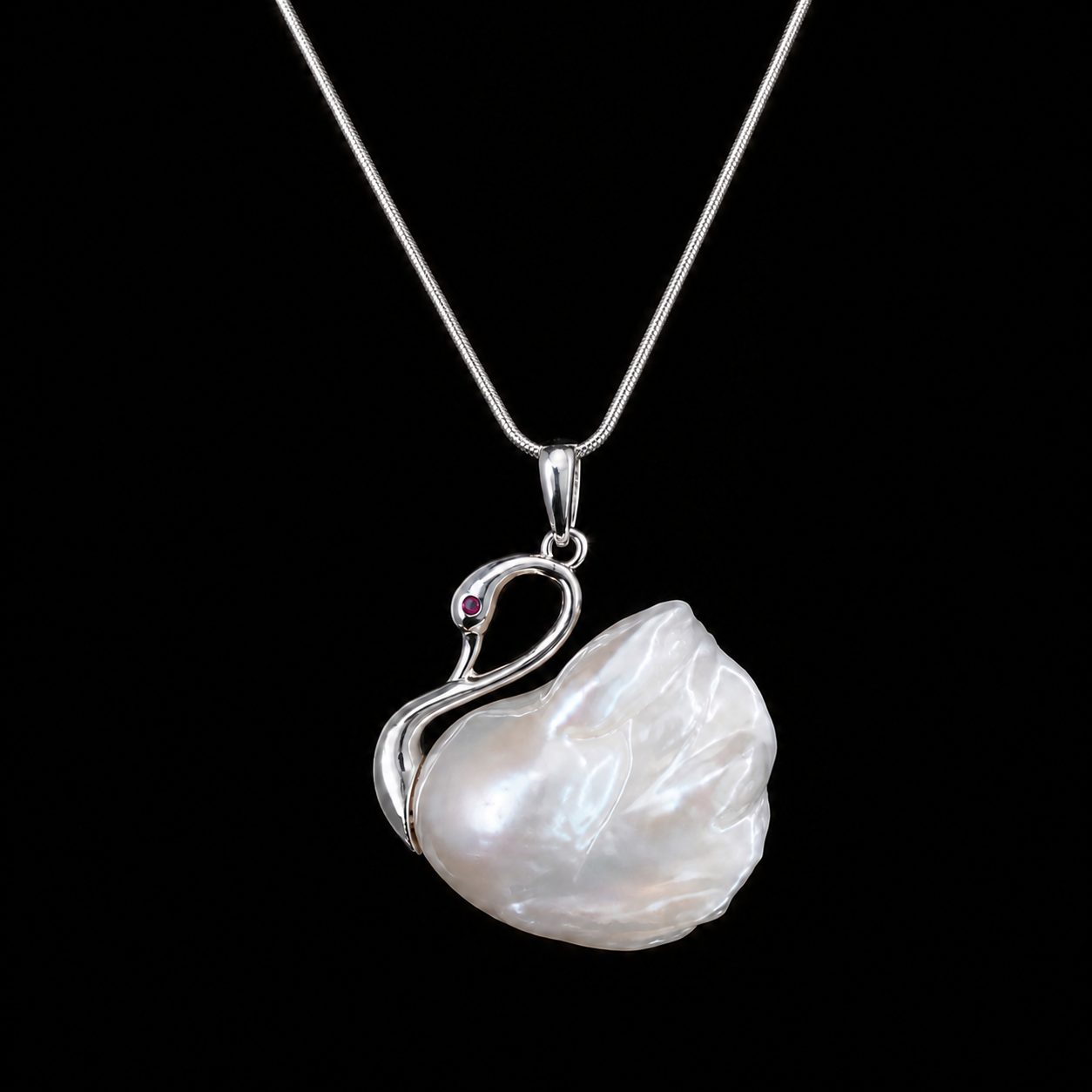 Baroque Pearl Swan Pendant Necklace with Silver Snake Chain