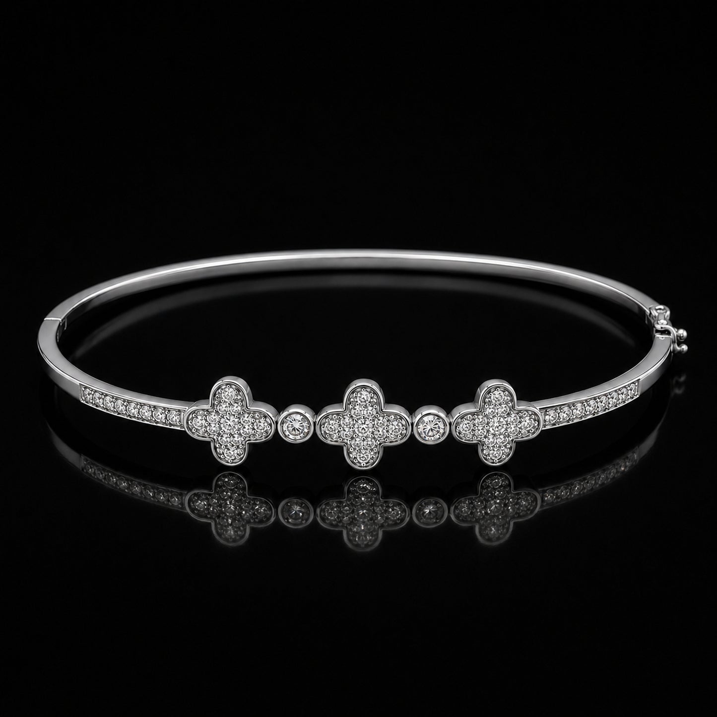 Silver Three-Clover Pavé Bangle