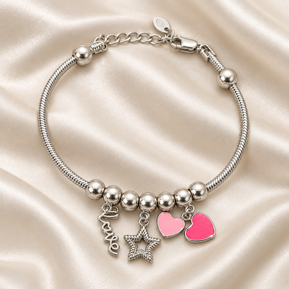 Silver Pink Heart Charm Bracelet
