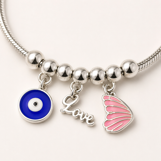 Evil Eye, Love & Pink Wing Charm Bracelet