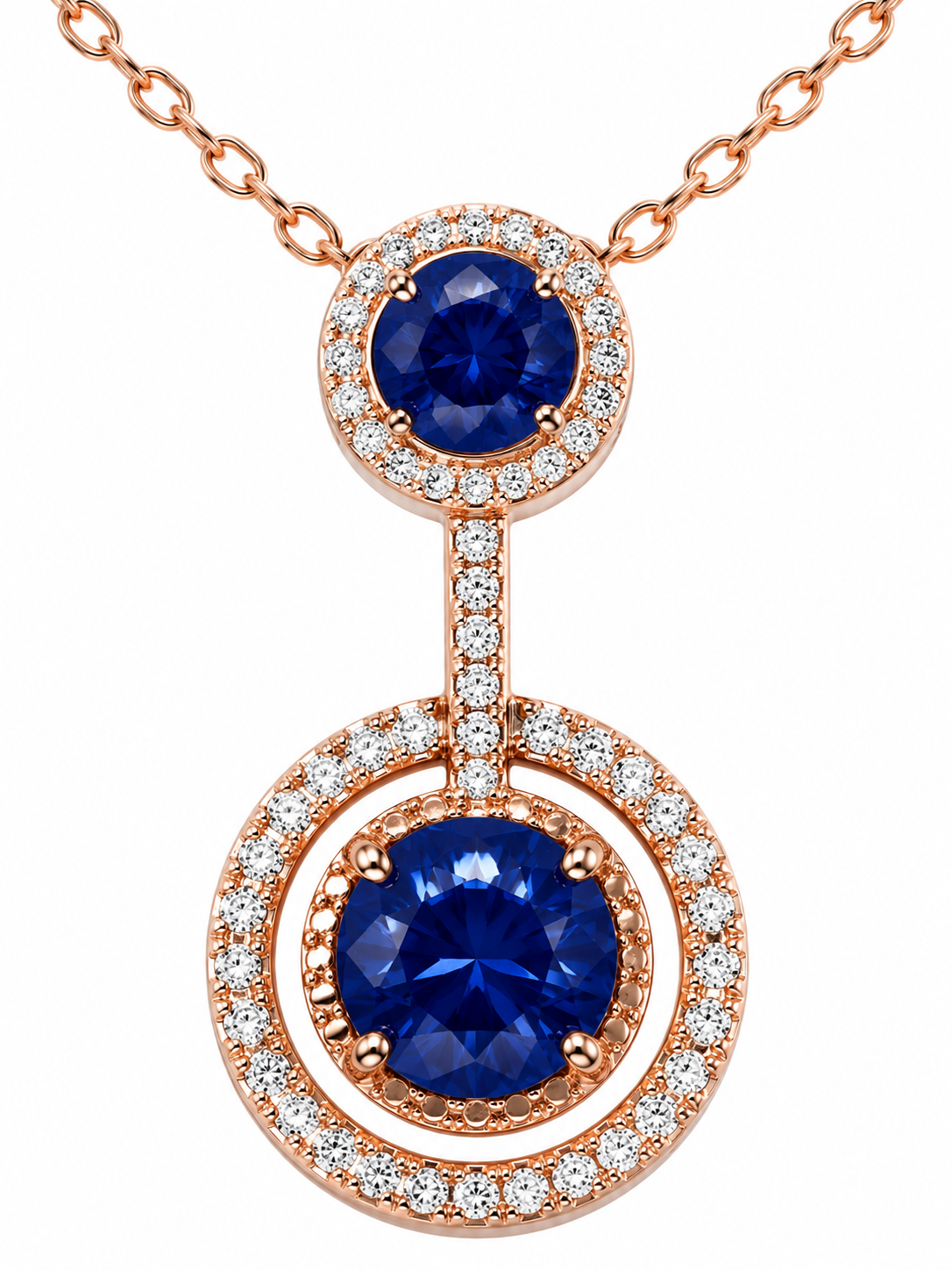 925 Sterling Silver Double Halo Blue Sapphire Pendant Necklace | Rose Gold Plated