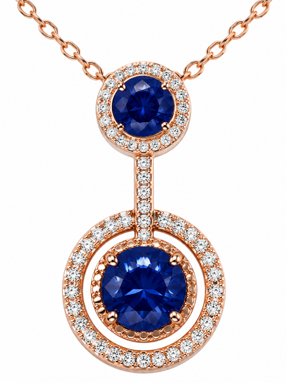 925 Sterling Silver Double Halo Blue Sapphire Pendant Necklace | Rose Gold Plated
