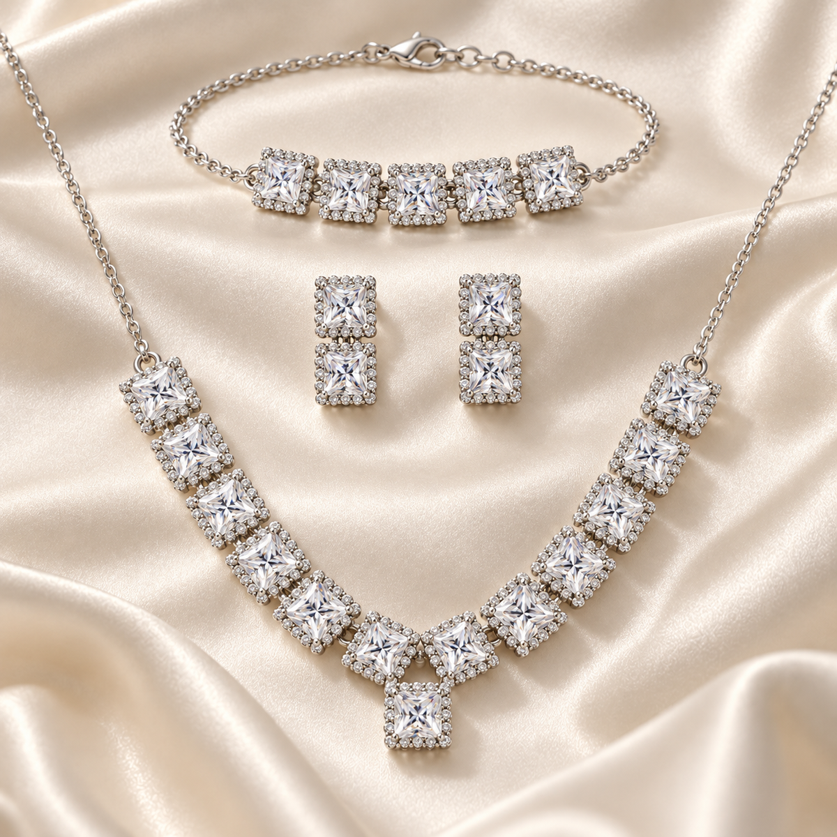 Princess-Cut Necklace Set with Bracelet & Earrings
