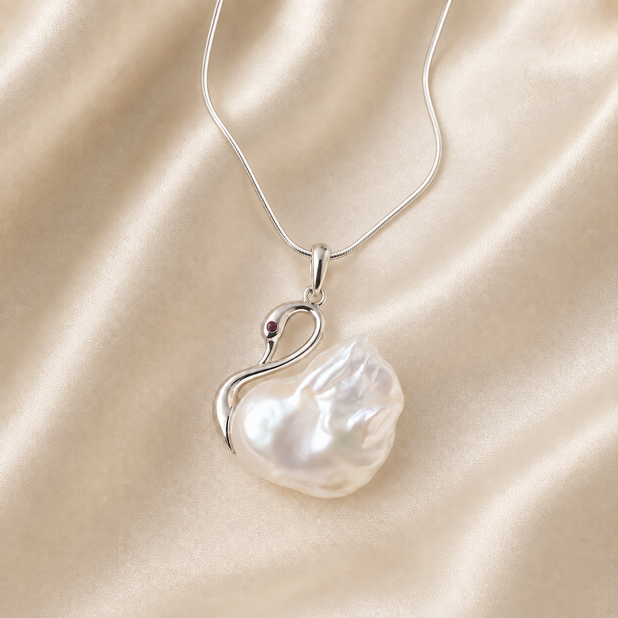 Baroque Pearl Swan Pendant Necklace with Silver Snake Chain