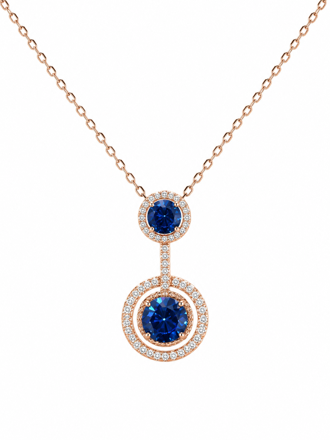 925 Sterling Silver Double Halo Blue Sapphire Pendant Necklace | Rose Gold Plated