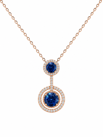 925 Sterling Silver Double Halo Blue Sapphire Pendant Necklace | Rose Gold Plated