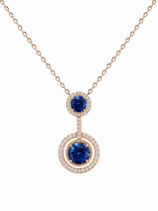 925 Sterling Silver Double Halo Blue Sapphire Pendant Necklace | Rose Gold Plated